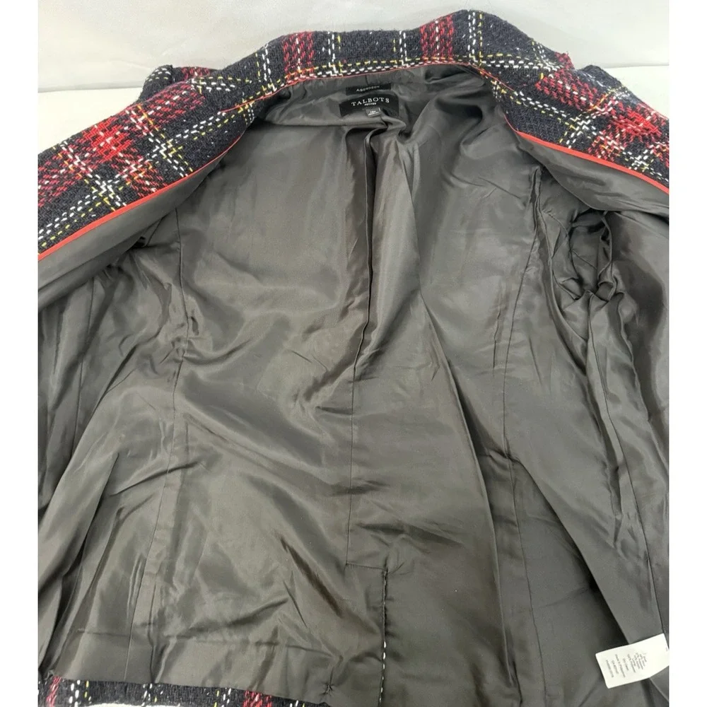 Talbots Aberdeen Plaid Tweed Wool Blend Black‎ Red Blazer Womens Size 12P Petite